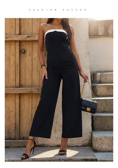 Women's Elegant Sleeveless Jumpsuits Summer High Waist Wide Leg Rompers Fashion Black White Splice Off Shoulder Party Playsuits