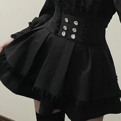 Kawaii Off Shoulder Long Sleeve Shirts Women Black Short Skirt Set Y2K Gothic Ruffle Skirts Lace Lolita Shirt Gown Suit ﻿﻿﻿﻿﻿