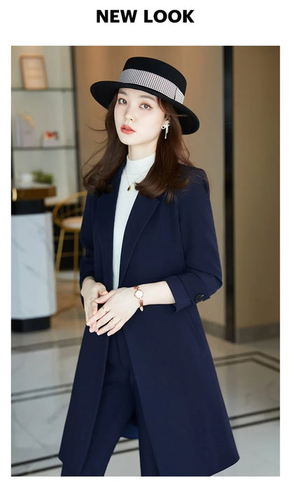2022 Winter High-end Women's Business Suit Pants Two-piece Set Temperament Slim Solid Color Lady Double Breasted Trench Coat