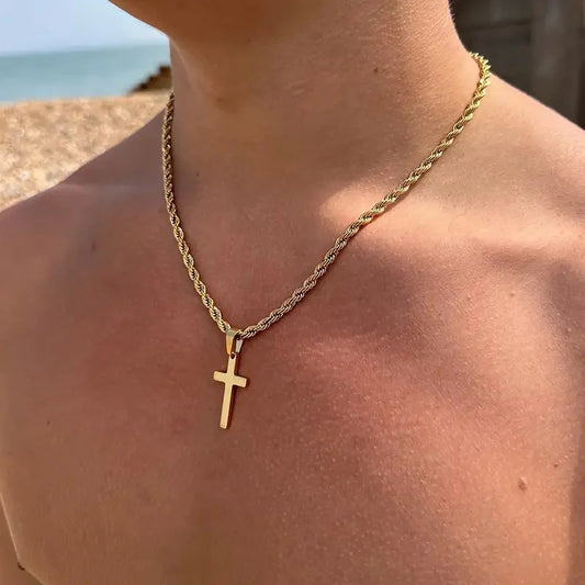 ステンレススチール製クロスペンダントネックレス（メンズ、レディース、ミニマリスト、ゴールドカラージュエリー）、男性、女性、ネックレス、チョーカー、ギフト、2024年