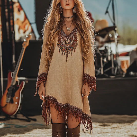 New Ethnic Sexy Deep V Music Festival Rock Party Dresses Women Vintage Wasteland Irregular Long Sleeve Lace Tassel Floral Dress