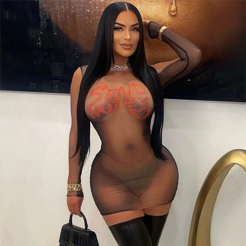 HELIAR レディース メッシュ シースルー セクシー ドレス プリント 長袖 ミニ ボディコン ドレス Y2K ストリート パッチワーク ドレス 春夏