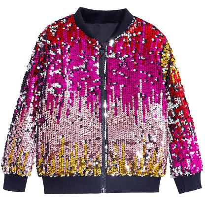 Luxury Sequin Zip Up Rainbow Gradient Coat Shiny Beaded Bomber Jacket Club Dance Streetwear Drop Shoulder Cardigan Tops Abrigos