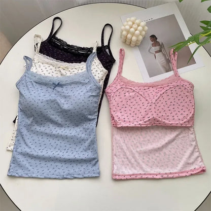 Summer Crop Tops Print for Women Bow Lace Camisole Sexy Backless Vest with Padded Basic Tank Top Bm Style Camis Y2k Streetwear
