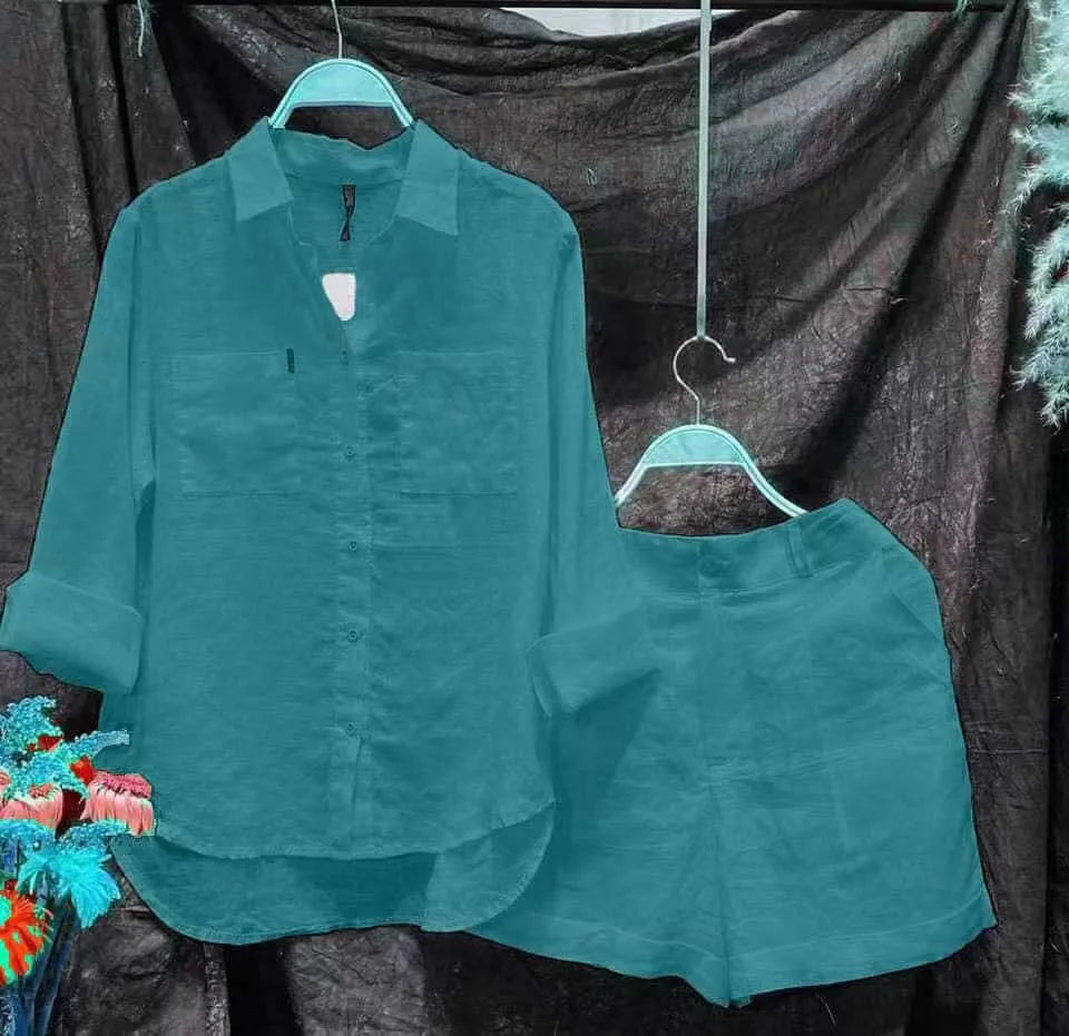Fashion White Long Sleeve Shirt And Shorts Two Piece Sets Women 2025 Summer Cotton Linen Casual Home 2 Piece Set For Women