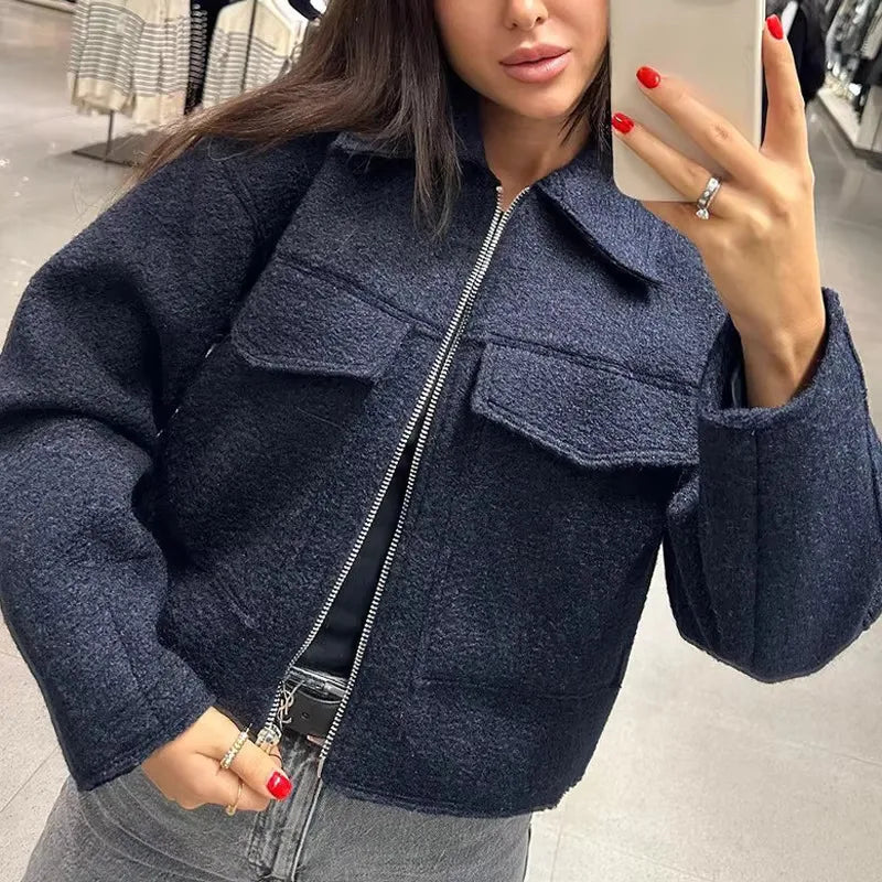 MUJER クロップド丈ボンバージャケット レディース ホワイト ブラック ツイードジャケット レディース 秋 ジッパー オーバーサイズジャケット レディース 長袖 レディースコート