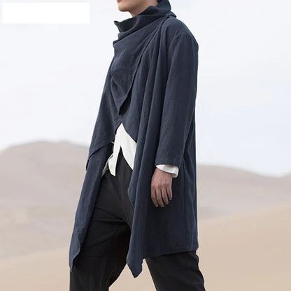 Men's Cotton Linen Cloak Long Irregular Cape Autumn New Long Sleeve Coat