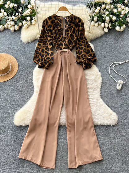 SINGREINY Autumn Leopard Long Jumpsuits V Neck Long Sleeves Belt Wide Legs Pants Women American Retro Senior Office Lady Rompers