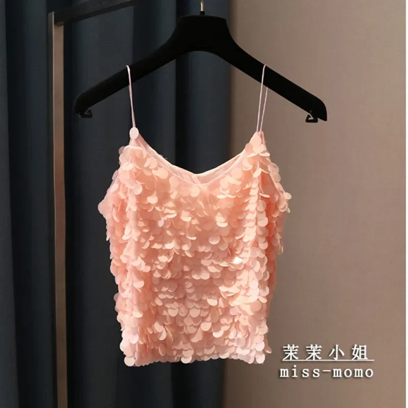 Women Sequins Temperament Sexy Peplum Camisole Top V Neck Strap Camis Club Girls Sequin Sleeveless Short Camisole Vest Tops 2024
