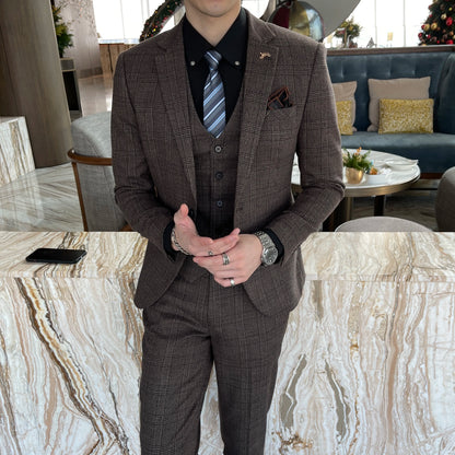 British Korean Style High Quality Modified Plaid Three-Piece Suit for Men - Stylish Business Casual Suit Vest And Trousers Set