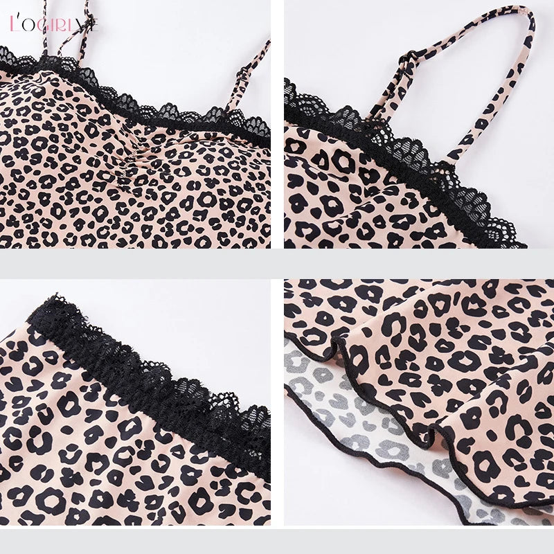 Logirlve Sexy Lace Patchwork Camisoles Backless Retro Leopard Print Halter Top Women's Summer New Sleeveless Outerwear Set