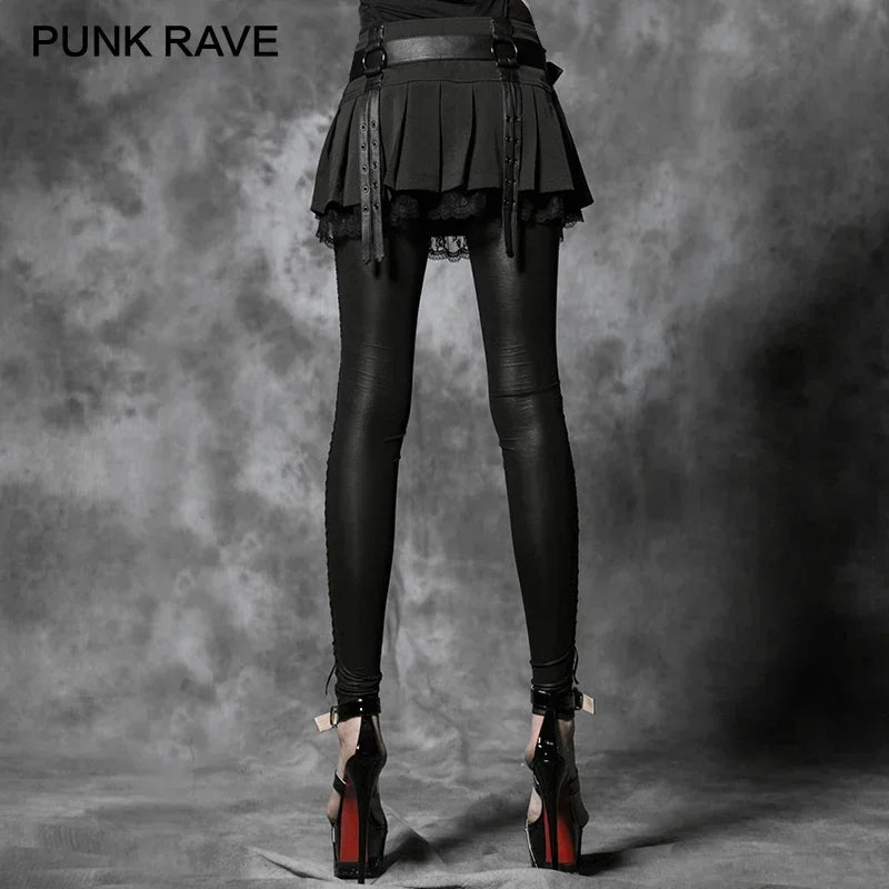 PUNK RAVE レディース セクシーで伸縮性抜群のフロッキングレースレギンス ゴシックレトロ ブラックパッチワーク スリムロングパンツ パンクロックファッション