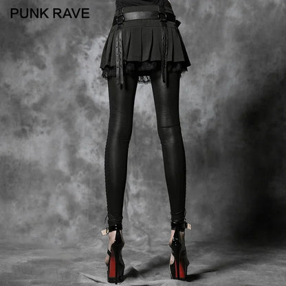 PUNK RAVE レディース セクシーで伸縮性抜群のフロッキングレースレギンス ゴシックレトロ ブラックパッチワーク スリムロングパンツ パンクロックファッション