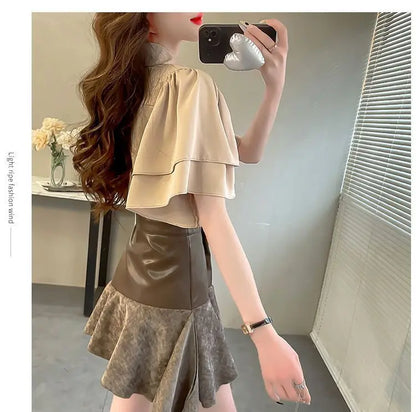French Lady's Summer Loose Shirt Women's New Loose Blouse Solid Color Ruffle Short Sleeve Chiffon Top