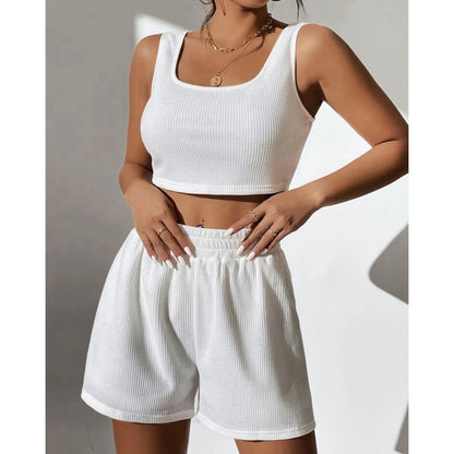 Girls' Fresh and Sweet Shorts Set 2023 Summer Casual Women's Knitted Rib Sleeveless U-neck Top and Shorts Two Piece Set