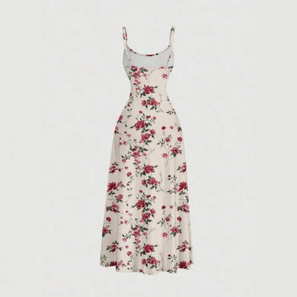 Women Summer Casual Sweet Floral Print Halter Dress High Waist Pleated Slim Fit A-line Dress Casual Vacation Dress