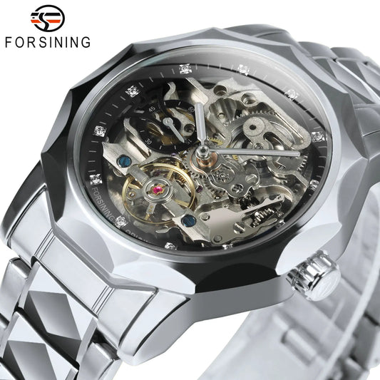 Forsining Fashion Tourbillon Skeleton Automatic Mechanical Watch for Men Luminous Hands Iced Out Watches Stainless Steel Strap