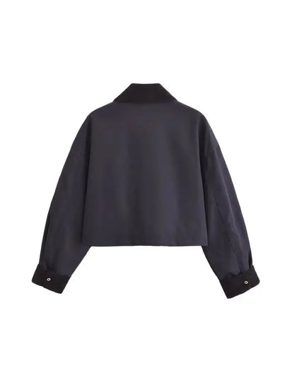 TRZA Women Fashion Patchwork Corduroy Cropped Jacket Coat Long Sleeve Front Zipper Female Outerwear Chic Tops