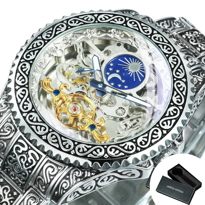 WINNER Luxury Tourbillon Skeleton Automatic Mechanical Watch for Men Luminous Hands Vintage Engraved Mens Watches Steel Strap