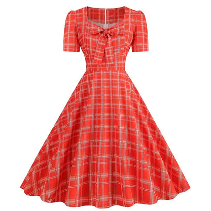 Green Plaid Swing Party Dresses Women Elegant Vintage Square Collar Short Sleeve Casual Summer Dress