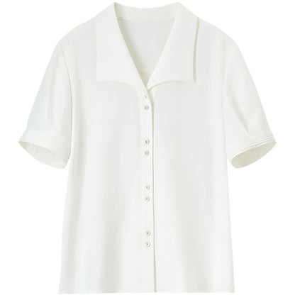 SENTUBILA Turn Down Collar Shirt Women Summer 2025 Twill Texture Chic Button Short Sleeve Elegant Solid Woman Blouse 152C87931