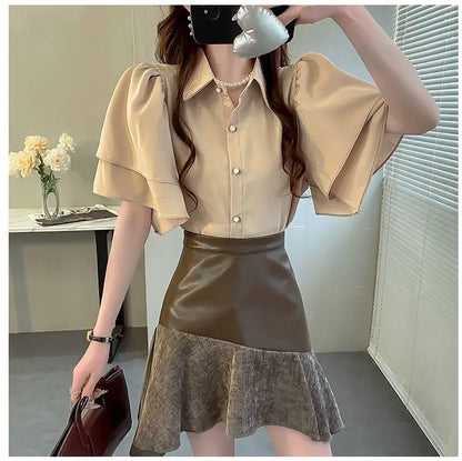 French Lady's Summer Loose Shirt Women's New Loose Blouse Solid Color Ruffle Short Sleeve Chiffon Top