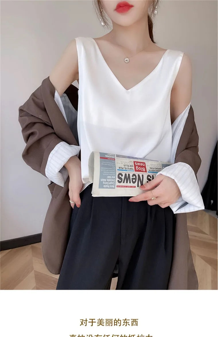 Acetate satin Camisole Women's V-neck Silk Satin vest Top elegant wild Avocado Green white black tank Women Crop Tops