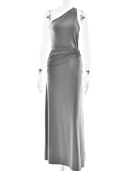 Sibybo Oblique Shoulder Sleeveless Ruched Maxi Dress For Women Gown Elegant Metal Rings Backless Bodycon Long Dresses Vestidos