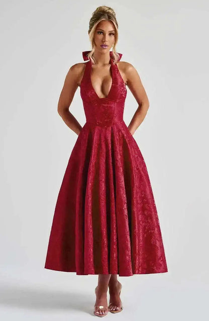 Giyu Club Evening Party Dresses Women 2025 Summer Sexy Bow Halter Long Dress Elegant Jacquard Lace Up Backless Birthday Robe
