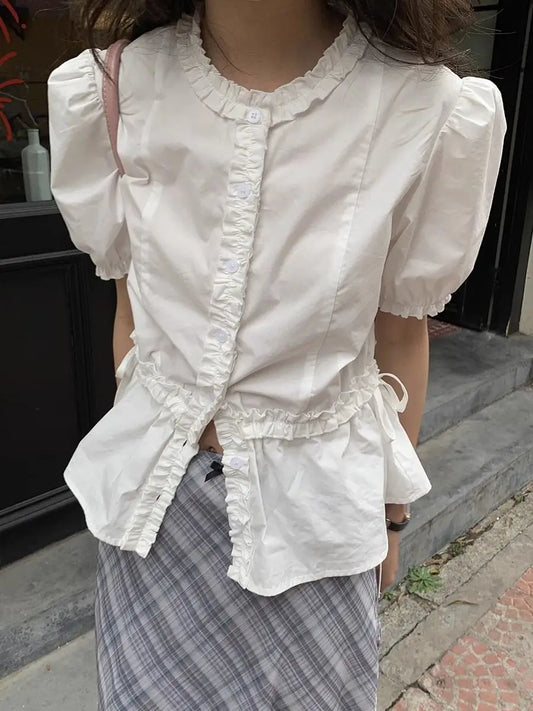 Women French Gentle Style Fungus Edges O-neck Puff Short-sleeved Shirts Summer Lace-up Bow Waist Slimming Single Breasted Blouse