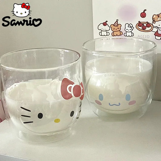 Sanrio Hello Kitty Cute Glass Cup Transparent Coffee Milk Water Cups Cinnamoroll Kuromi My Melody 300ml Student Milk Heat Gift