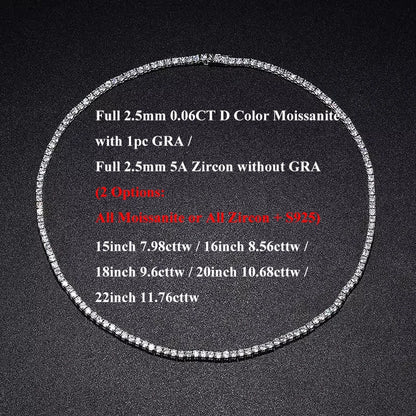 EWYA 本物 2-5mm フル D カラー モアサナイト テニス ネックチェーン ネックレス レディース メンズ 925 シルバー GRA 認定 パーティー ブライダル ネックレス