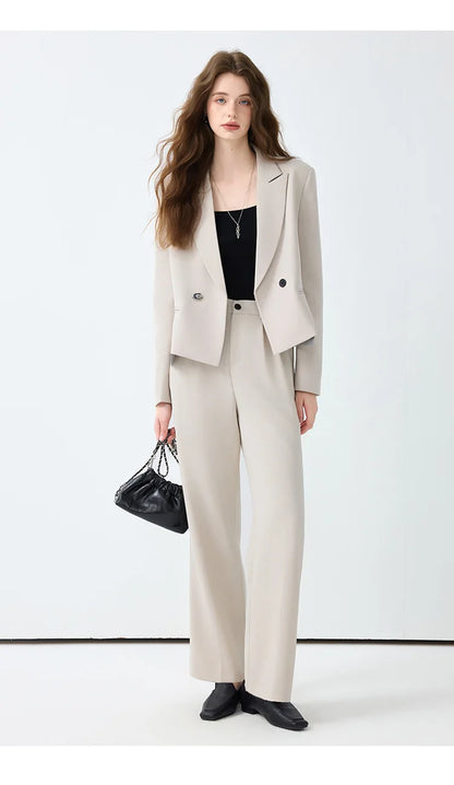 Solid Suits for Women 2025 Spring Fashion Office Ladies Long Sleeve Double Breasted Short Tops Chic Cargo Pant Suits
