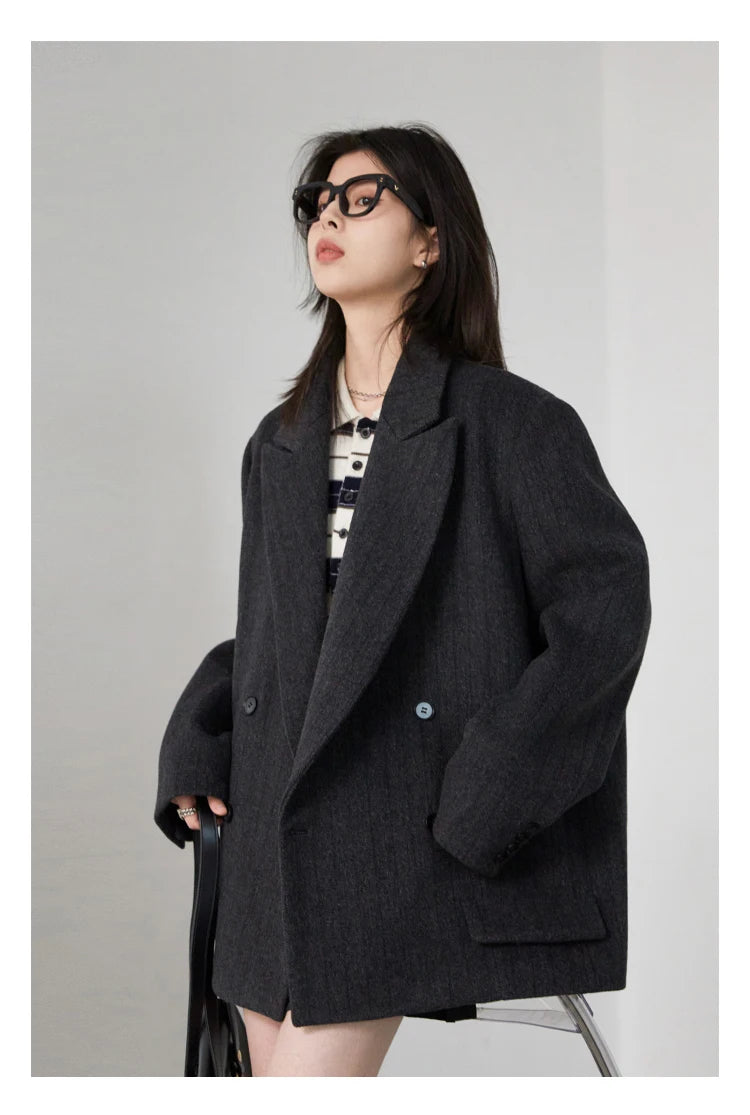 CHIC VEN Women Woolen Blazer Loose Vintage V Neck Female Jacket Suit Double Breasted Office Ladies Coat Spring Autumn 2025