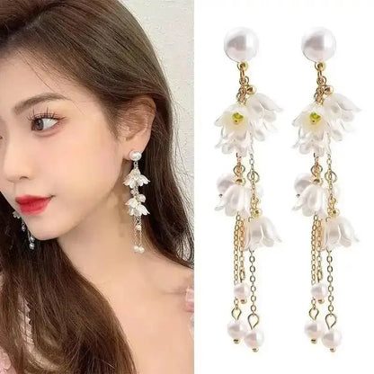 925 Silver Needle Korean Fashion Tassel Pearl Earrings For Women Jewelry 2025 Trending New Vintage Women's Pearl Drop Earrings
