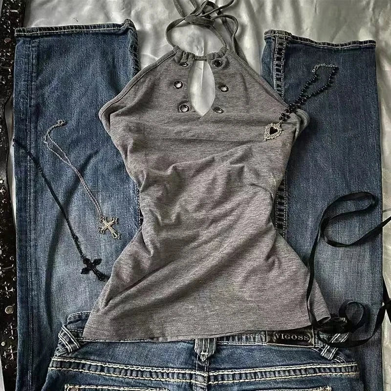 Y2k Camis T Shirt Women Clothes Vintage 90s Streetwear Hip Hop Bandage Blue Tank Top Femme Camis Korea Sling Punk Y2k Crop Tops
