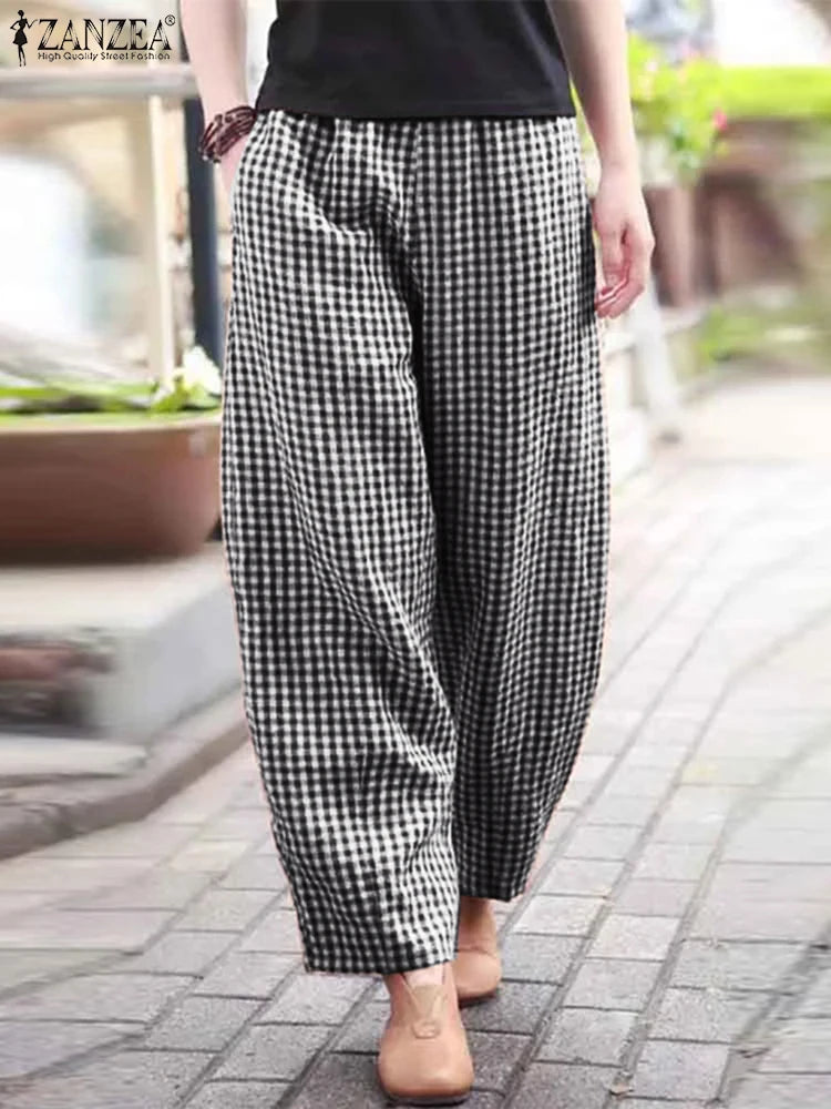 ZANZEA 2025 チェック柄パンツ レディース ファッション ランタンパンツ カジュアル ルーズ ロングパンツ 夏 ポケット 伸縮性ウエスト ボトムス オーバーサイズ