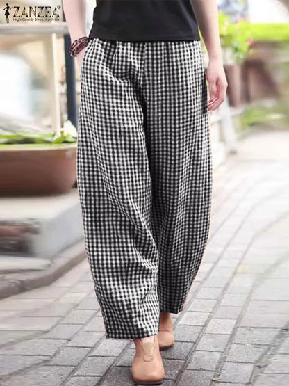 ZANZEA 2025 チェック柄パンツ レディース ファッション ランタンパンツ カジュアル ルーズ ロングパンツ 夏 ポケット 伸縮性ウエスト ボトムス オーバーサイズ