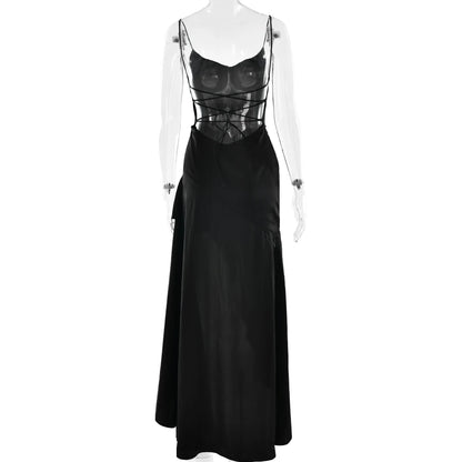 Articat Elegant Spaghetti Strap Satin Split Maxi Dress Women Sexy Backless Bodycon Party Evening Dress Summer Holiday Beachwear