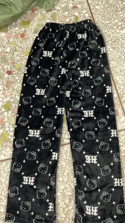 Kawaii Hello Kitty Christmas Velvet Pajamas, Anime and Cartoon Kuromi Autumn and Winter Loose Casual Warm Couple Home Clothes