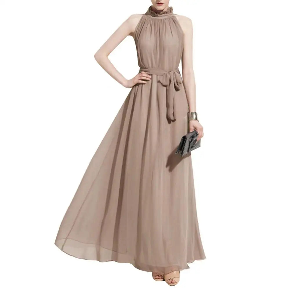Halter Neck Dress Lace Up Elegant Sleeveless Club Party Dress Sexy Ruffled Evening Party Maxi Dress Prom Gown Beach Dresses