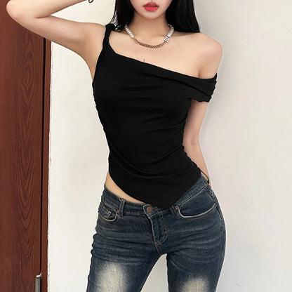 Nibber Color Simple Tight Sexy Hot All-match Casual Youth Slash Neck Bright Confident Summer Travel Cool Women's Camisole Vest