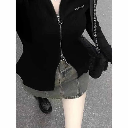 Lucyever Autumn New Black T Shirts Women Y2K Streetwear Zipper Crop Tops Woman Sexy Slim Turn Down Collar Long Sleeve Tees Lady
