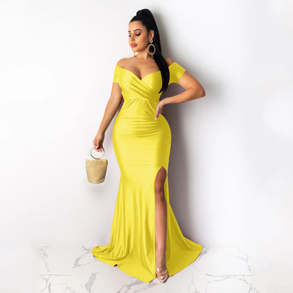 2024Sold Maxi Elegant Luxury Designer Party Dresses Women Off Shoulder Evening Dress Mermaid V-Neck Pleated Backless Long Dress
