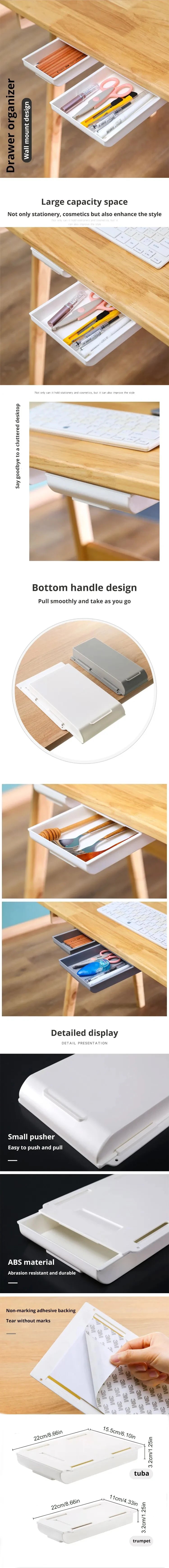 1pc White SelfAdhesive Storage Drawer Box Makeup Pencil Tray Desk Hidden Under Desk Stand Self-adhesive Under-drawer Storage Box