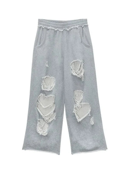 2025 New Distressed Gray Baggy Joggers Women Hip Hop Style Grunge Wide Leg Holes Sweatpants Oversized Gyaru Streetwear Trousers