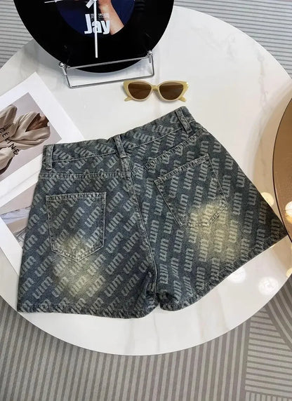 Letter Printed Denim Shorts  Women Design High Waist Loose Slimming Wide-leg A-line Hot Pants