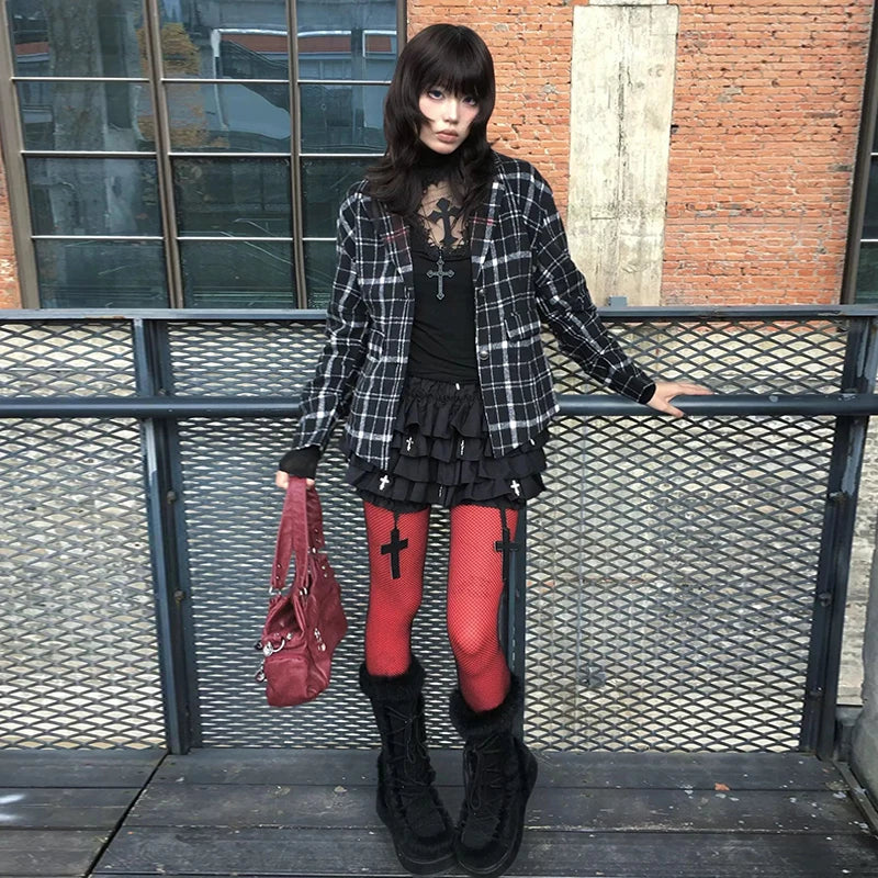 Genayooa Y2k Gothic T Shirt Women Hollow Out Patchwork Vintage Crop Tops Streetwear American Retro Grunge Tops Aesthetic Tshirt