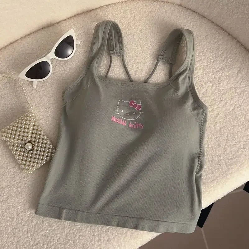 Hello Kitty Sanrio Fashion Clothing Y2K Top with Breast Pad Cute Top Girl Summer Cool Cropped Top White Sexy Suspender Girl Gift