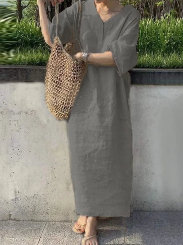 Women V Neck Button Short Sleeve Loose Maxi Dresses Summer Casual Female Holiday Beachwear Solid Color Cotton Linen Party Dress
